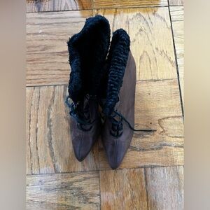 Nuance Dark Brown suede ankle boots with fur lining and 4-inch heel
Size 9 1/2